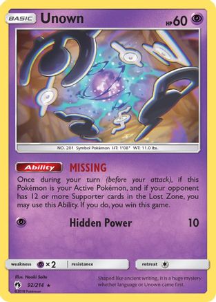 Unown (92) 92/214 - SM Lost Thunder Reverse Holofoil
