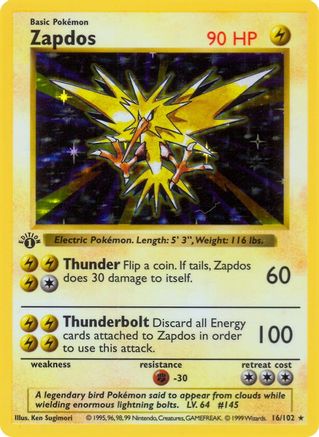 Zapdos 16 - Base Set Shadowless 1st Edition Holofoil