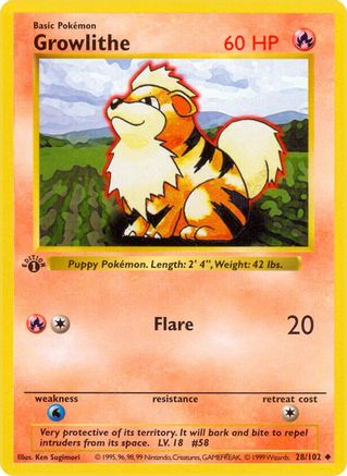 Growlithe 28 - Base Set Shadowless 1st Edition