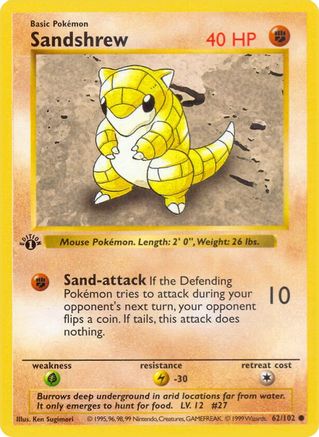 Sandshrew 62 - Base Set Shadowless 1st Edition