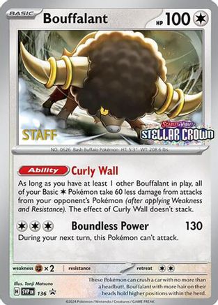 Bouffalant - 136 (Prerelease) [Staff] 136 - SV Scarlet & Violet Promo Cards Reverse Holofoil