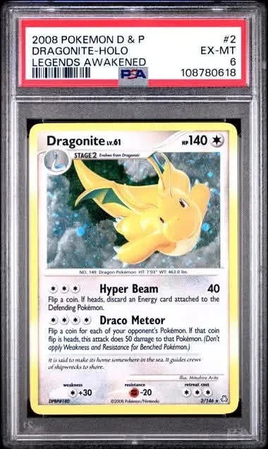 Pokemon 2008 Pokemon D & P Dragonite-Holo Legends Awakened #2 PSA 6 EX-MT