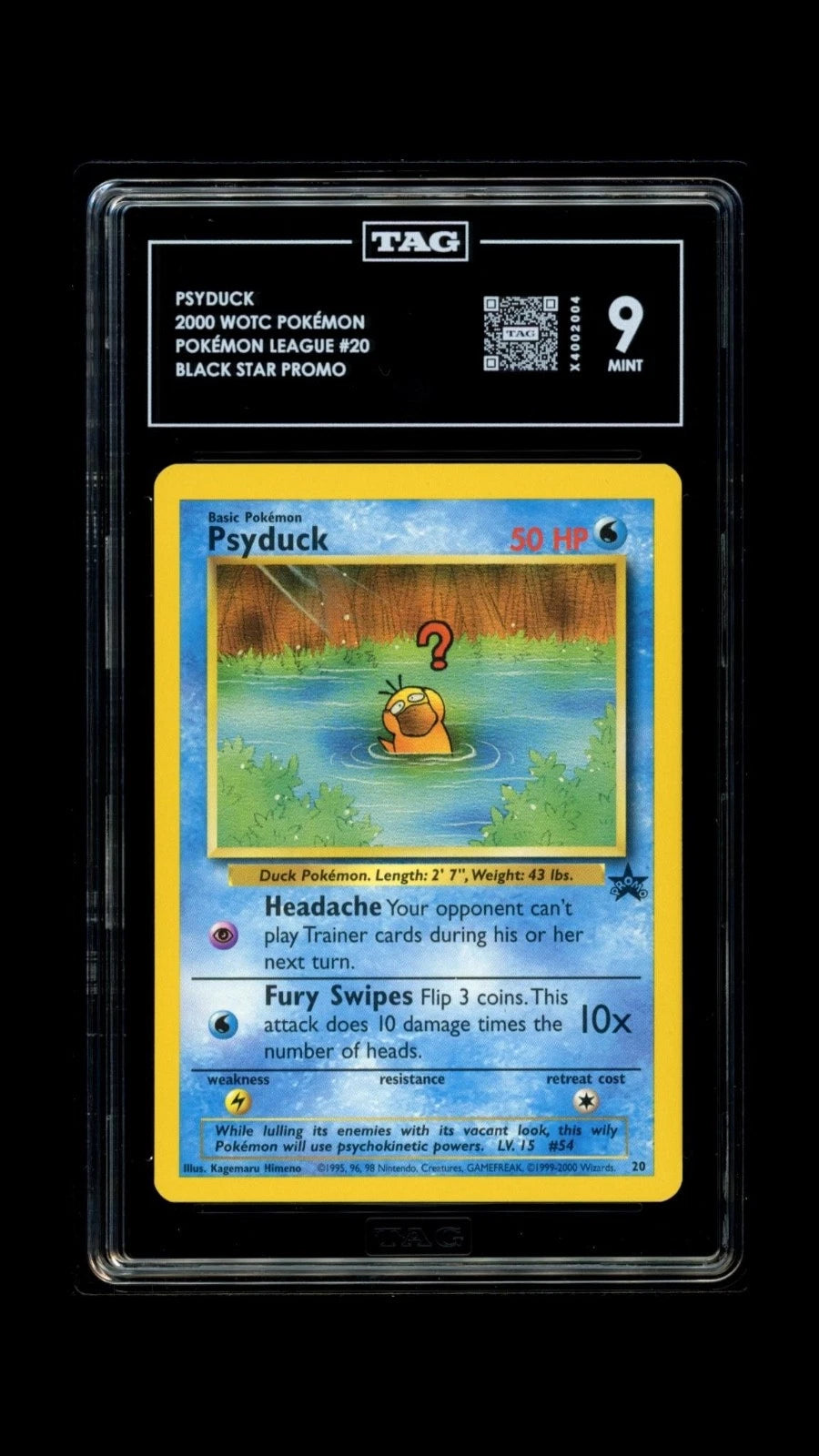 Pokemon Psyduck 2000 WOTC Pokémon League #20 Black Star Promo TAG 9 MINT