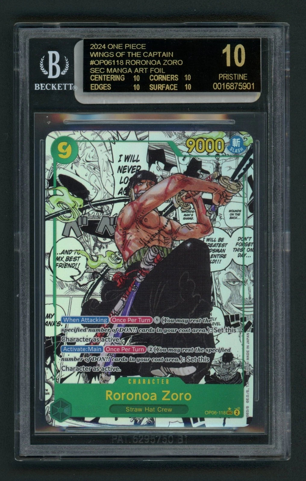 One Piece TCG Roronoa Zoro OP06-118 Manga BGS BLACK LABEL Pristine 10