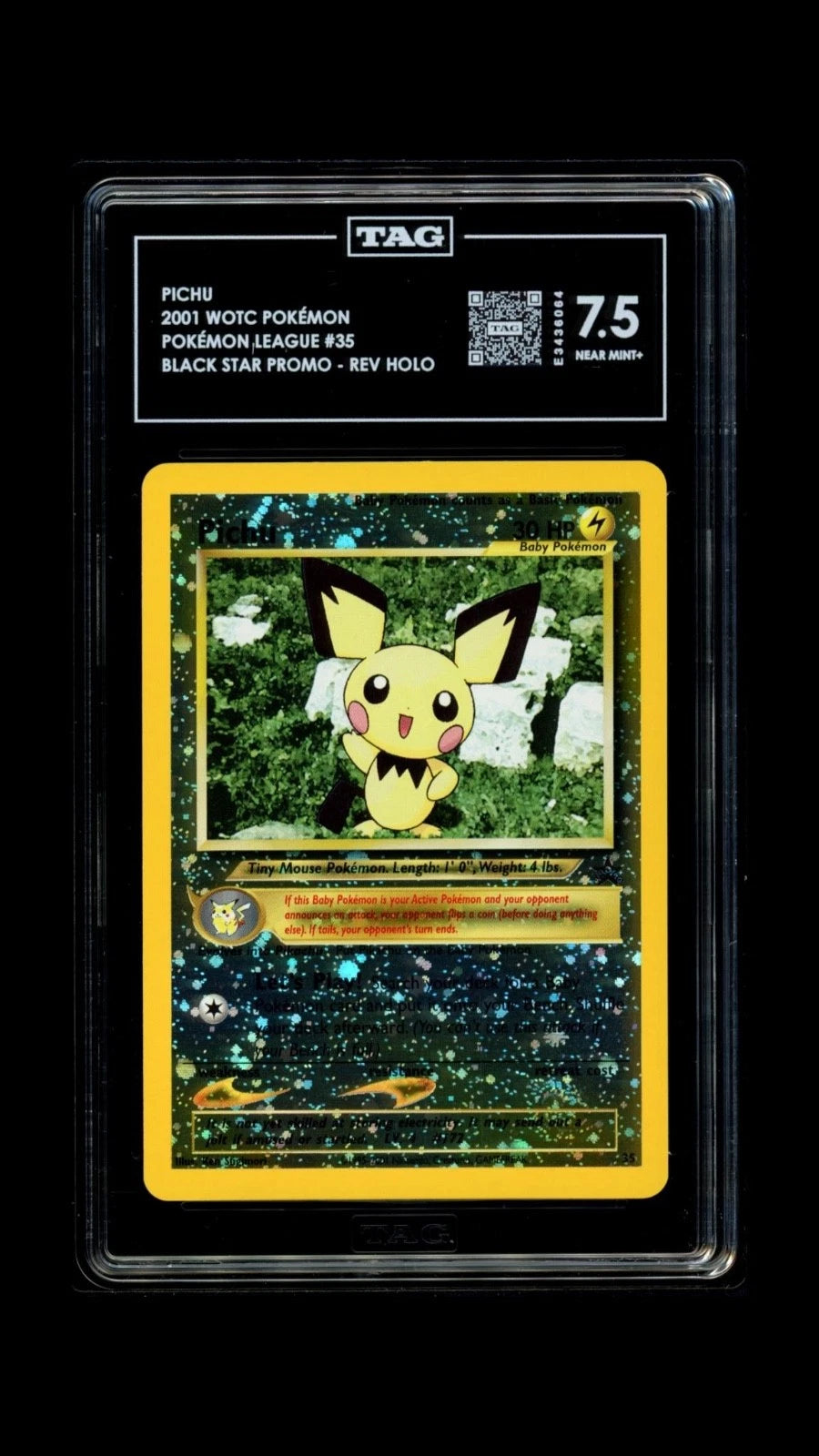 Pokemon Pichu 2001 WOTC Pokemon League #35 Black Star Promo REV Holo TAG 7.5
