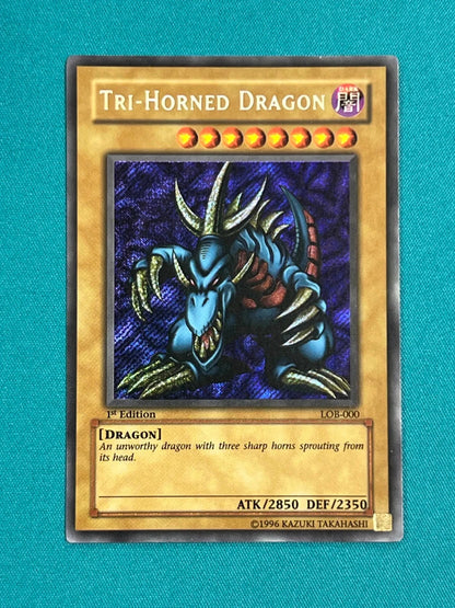 Yugioh Tri Horned Dragon 1st Edition LOB-000 Secret Rare LP WAVY HOLO