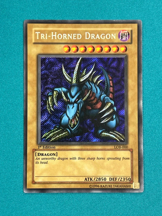 Yugioh Tri Horned Dragon 1st Edition LOB-000 Secret Rare LP WAVY HOLO