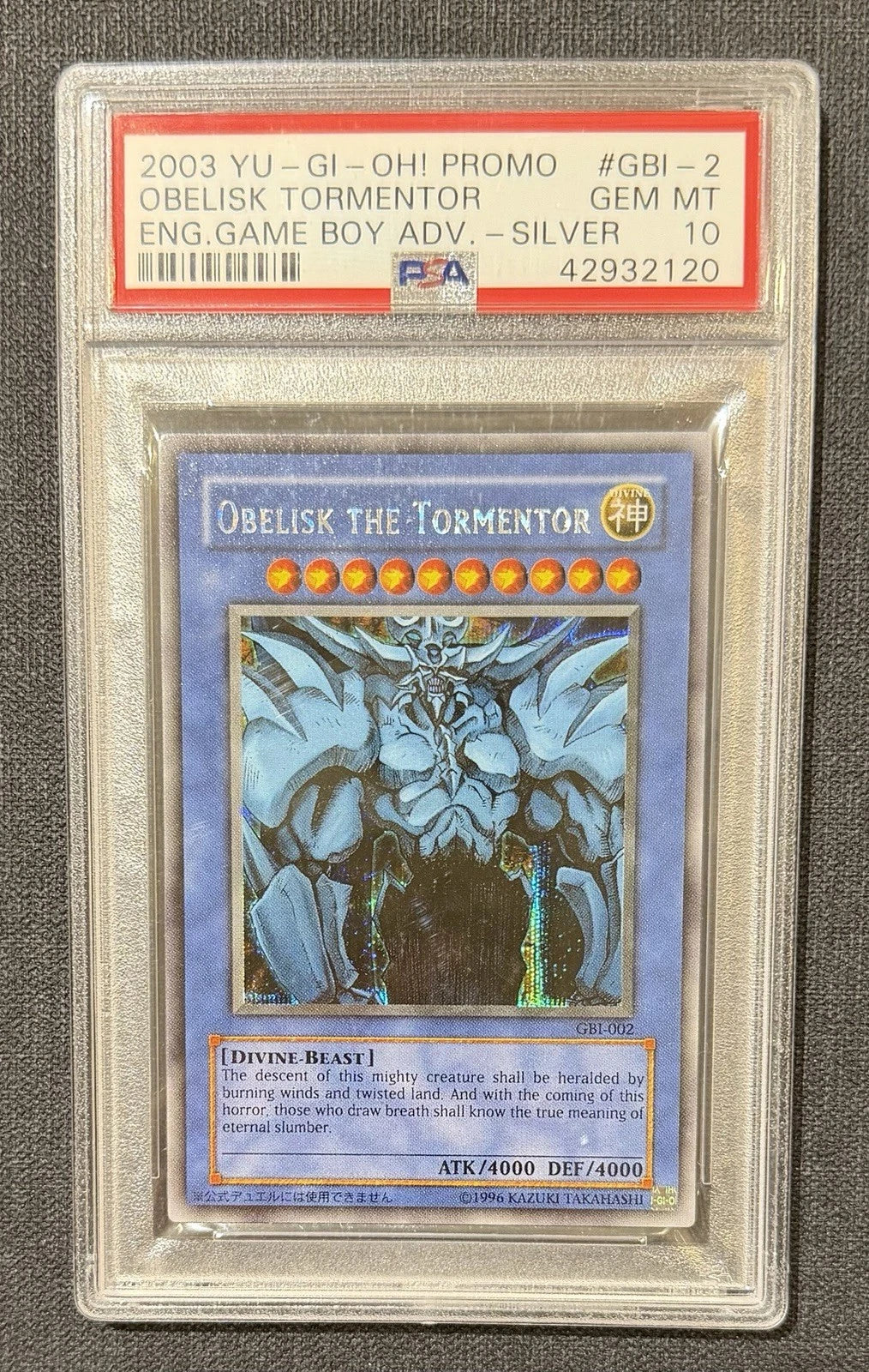 Yugioh - Obelisk the Tormentor GBI PROMO #002 Secret Rare PSA 10 GEM MINT (42932120)