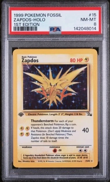 Pokemon 1999 Pokemon Fossil Zapdos Holo 1ST Edition #15 PSA 8 NM-MT