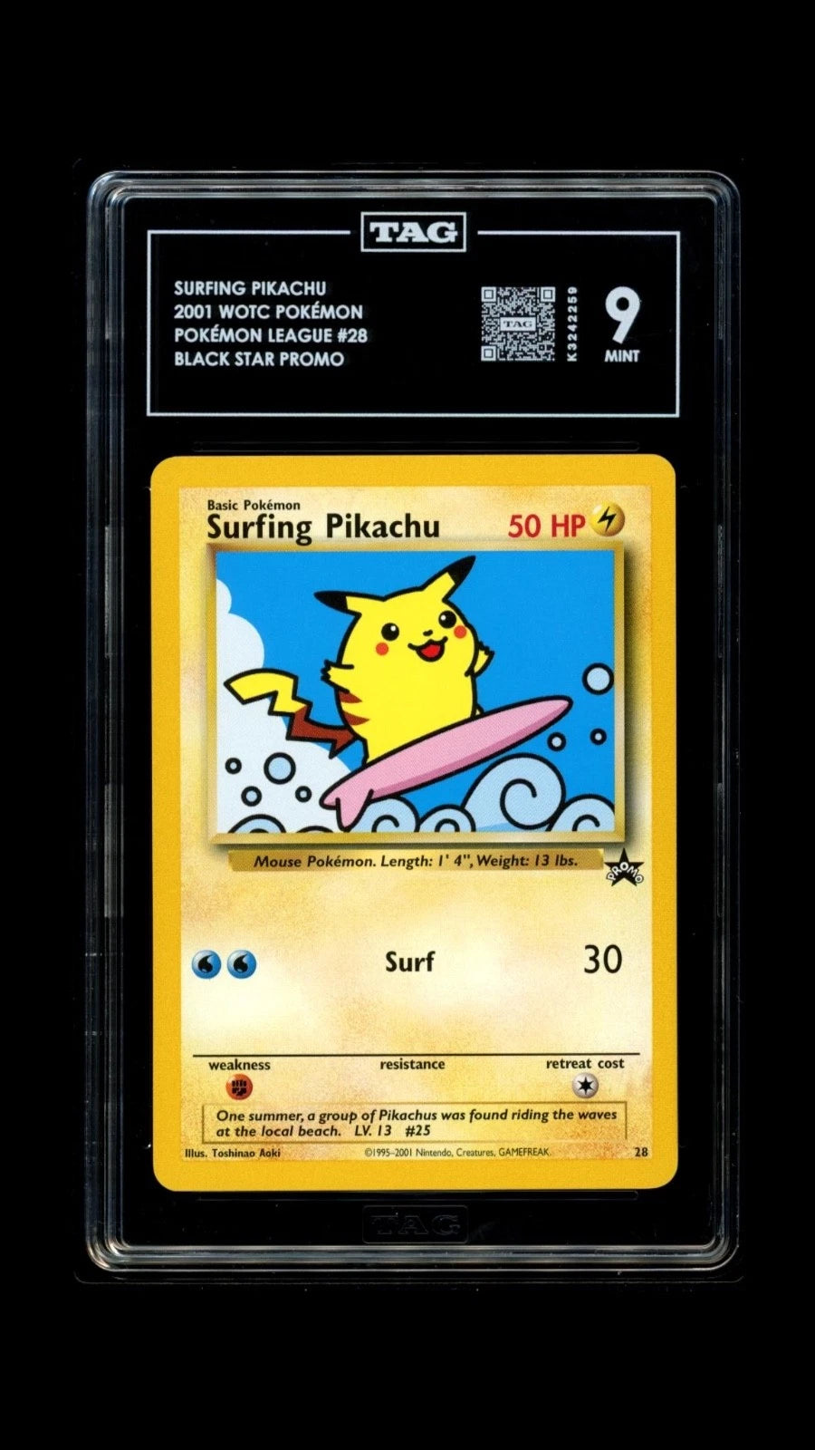 Pokemon Surfing Pikachu 2001 WOTC Pokémon League #28 TAG 9