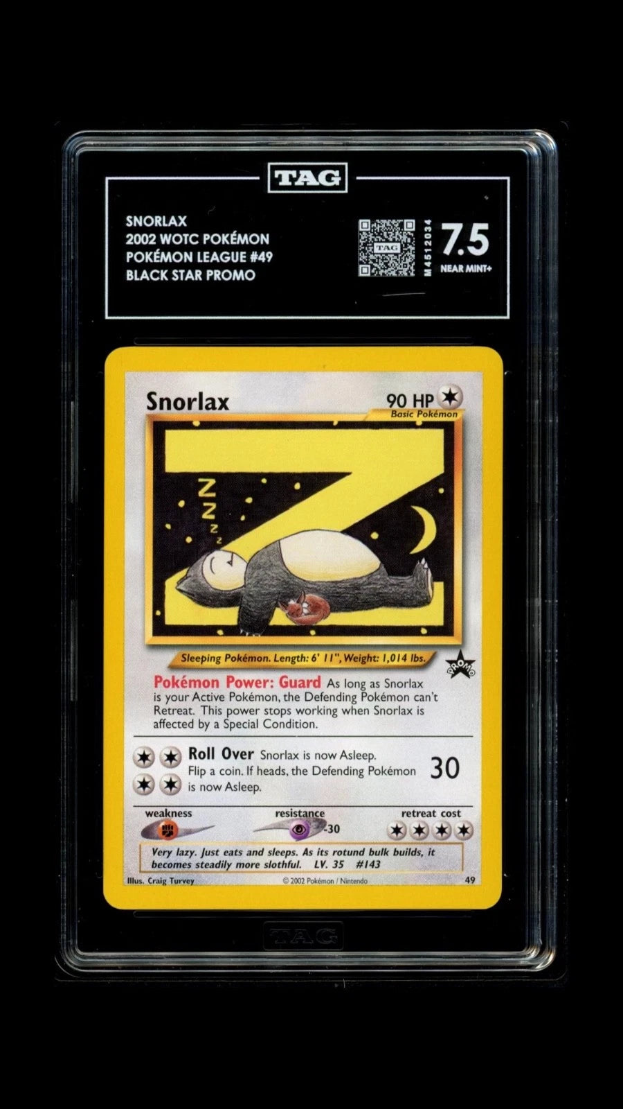 Pokemon Snorlax 2002 WOTC Pokémon LEague #49 Black Star TAG 7.5 Near Mint