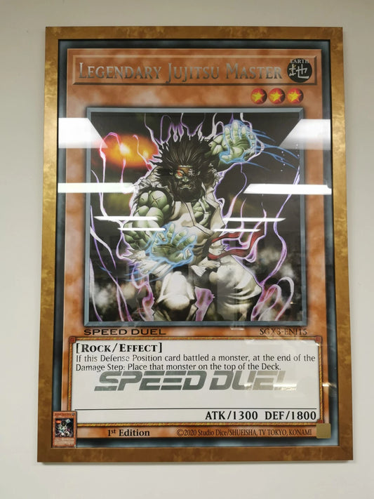 YUGIOH Giant Card Legendary Jujitsu Master SGX3 framed with glass and gold frame