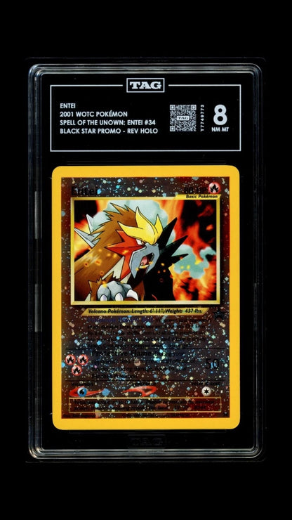 Pokemon Entei 2002 WOTC Spell of The Unown #34 Black Star REV HOLO TAG 8