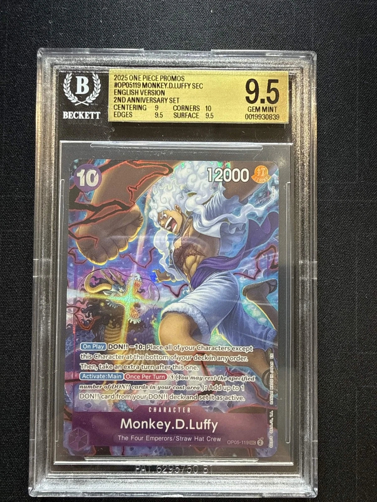 One Piece TCG 2025 OP05119 Monkey. D. Luffy SEC 2ND Anniversary SET BGS 9.5