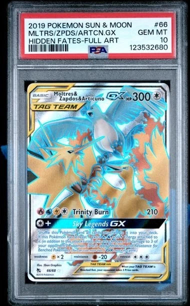 Pokemon 2019 Sun & Moon Moltres /Zapdos / Articuno GX Hidden Fates #66 PSA 10