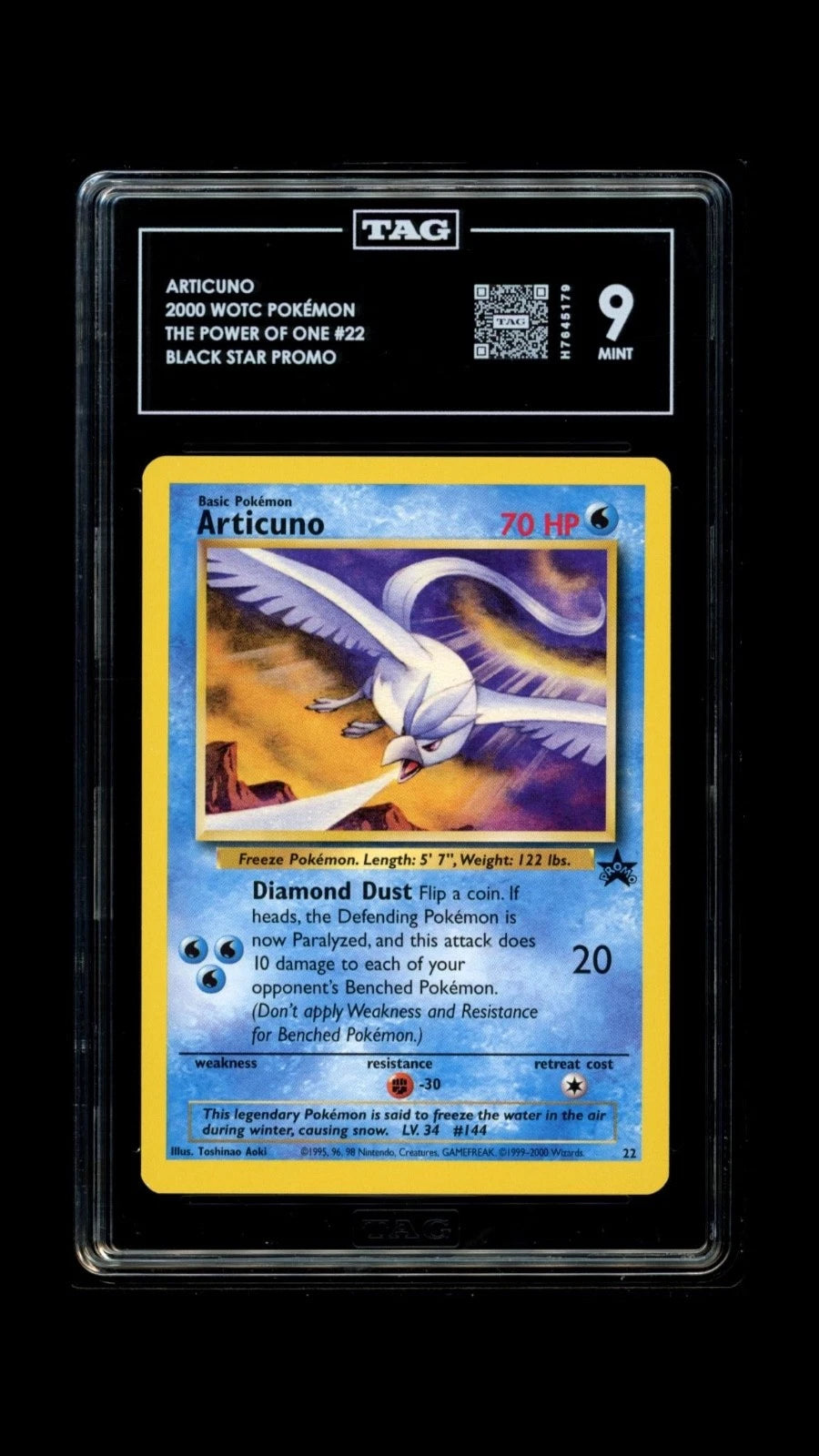 Pokemon Articuno 2000 WOTC The Power of One #22 Black Star Promo TAG 9