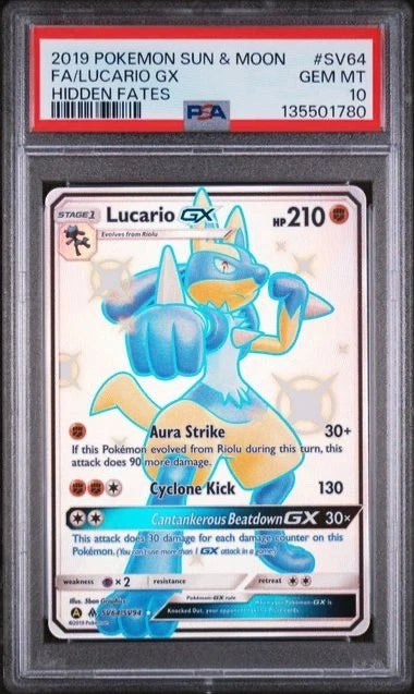 Pokemon 2019 S & M FA/ Lucario GX Hidden Fates #SV64 PSA 10
