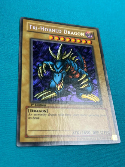 Yugioh Tri Horned Dragon 1st Edition LOB-000 Secret Rare LP WAVY HOLO