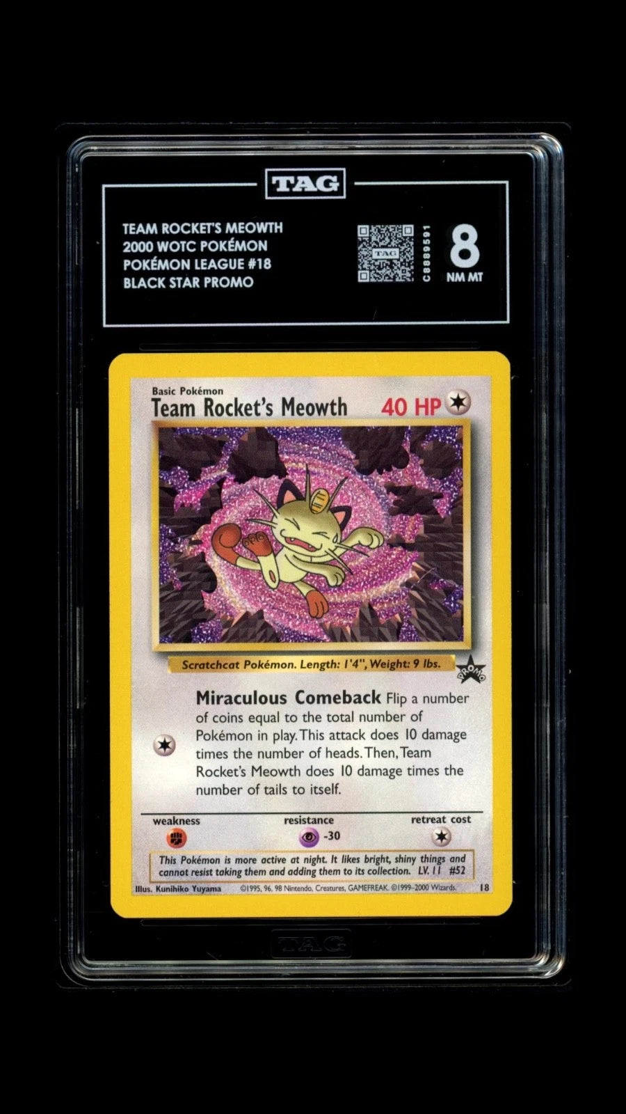 Pokemon Team Rocket’s Meowth 2000 WOTC Pokemon League #18 Black Star Promo TAG 8