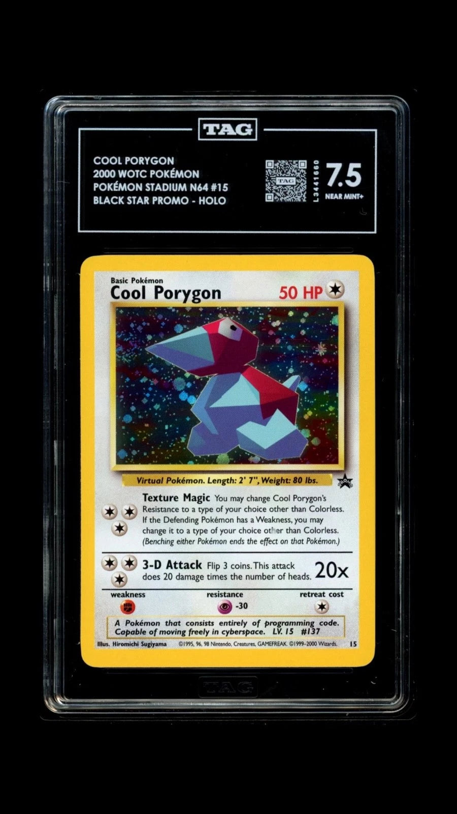 Pokemon Cool Porygon 2000 WOTC Stadium N64 #15 Black Star - Holo TAG 7.5