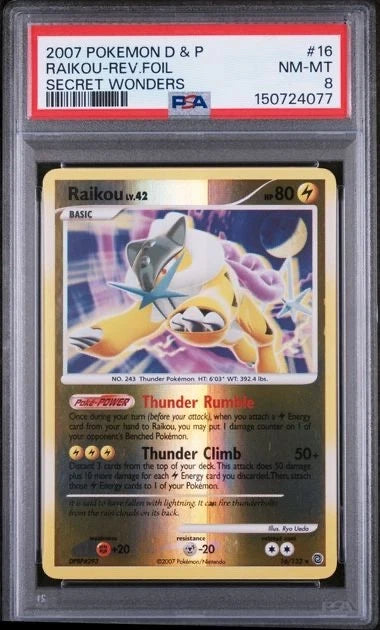 Pokemon 2007 Pokemon D ^ P Raikou Rev Foil Secret Wonders #16 PSA 8