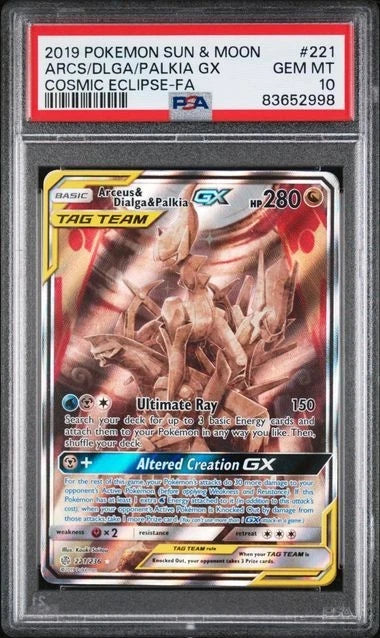 Pokemon Arceus & Dialga & Palkia GX 221/236 Cosmic Eclipse Alternate Art PSA 10