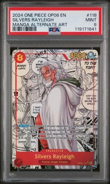 One Piece TCG Silvers Rayleigh Character OP08-118 Manga Rare PSA 9
