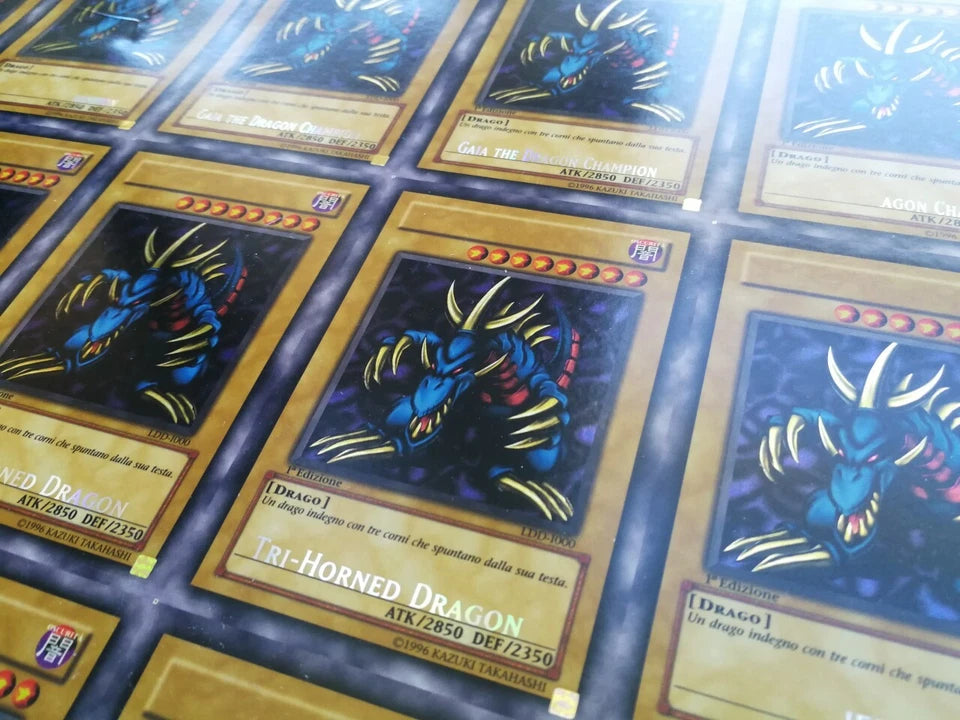 Yugioh Misprint LOB Tri Horned Dragon uncut sheet 1st edition (EN and IT) Framed