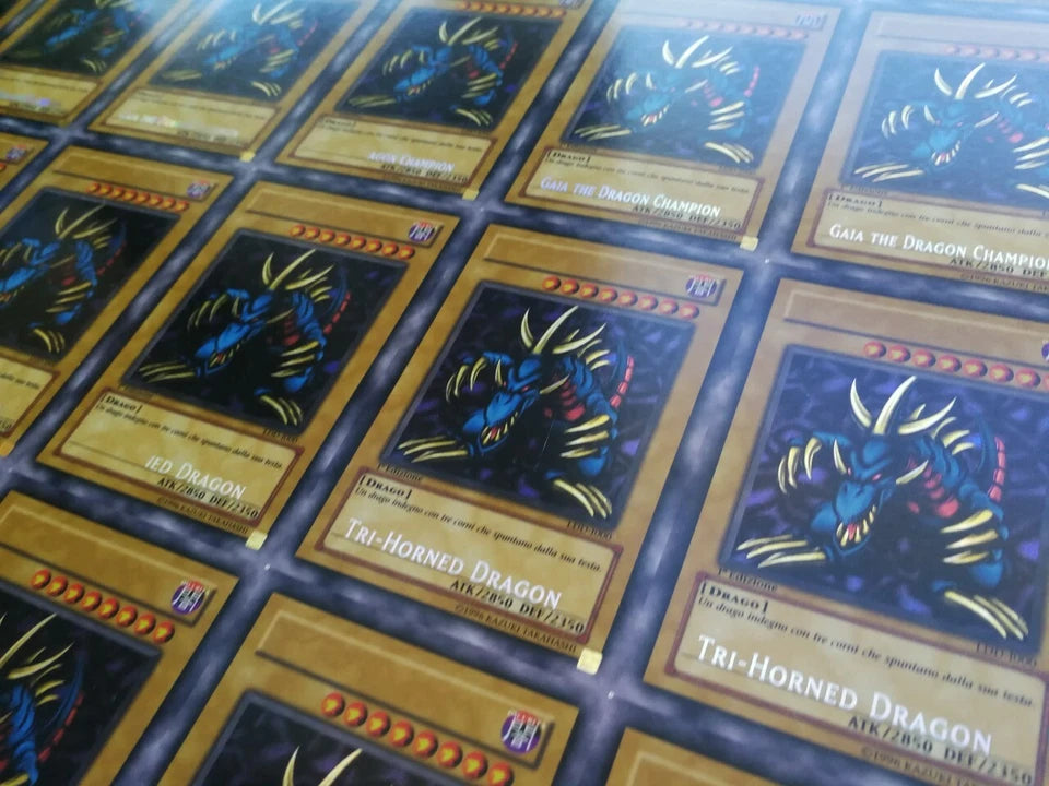 Yugioh Misprint LOB Tri Horned Dragon uncut sheet 1st edition (EN and IT) Framed